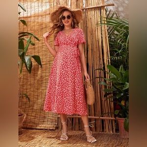 Maternity Floral Print Surplice Neck Knot A-Line Dress